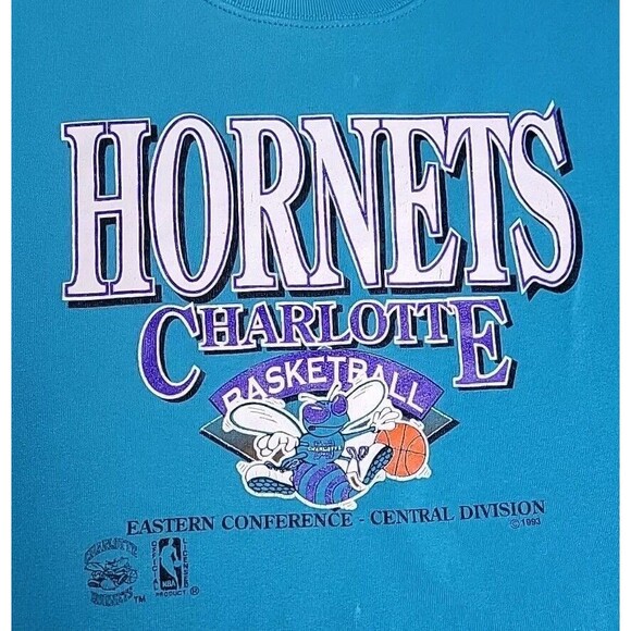 VTG NBA Charlotte Hornets Sweater Sweatshirt Mens L Blue Basketball Crewneck 90s - Picture 6 of 16
